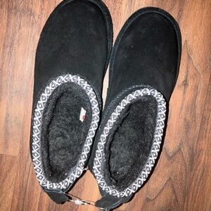 Black Suede Slippers with Patterned Trim